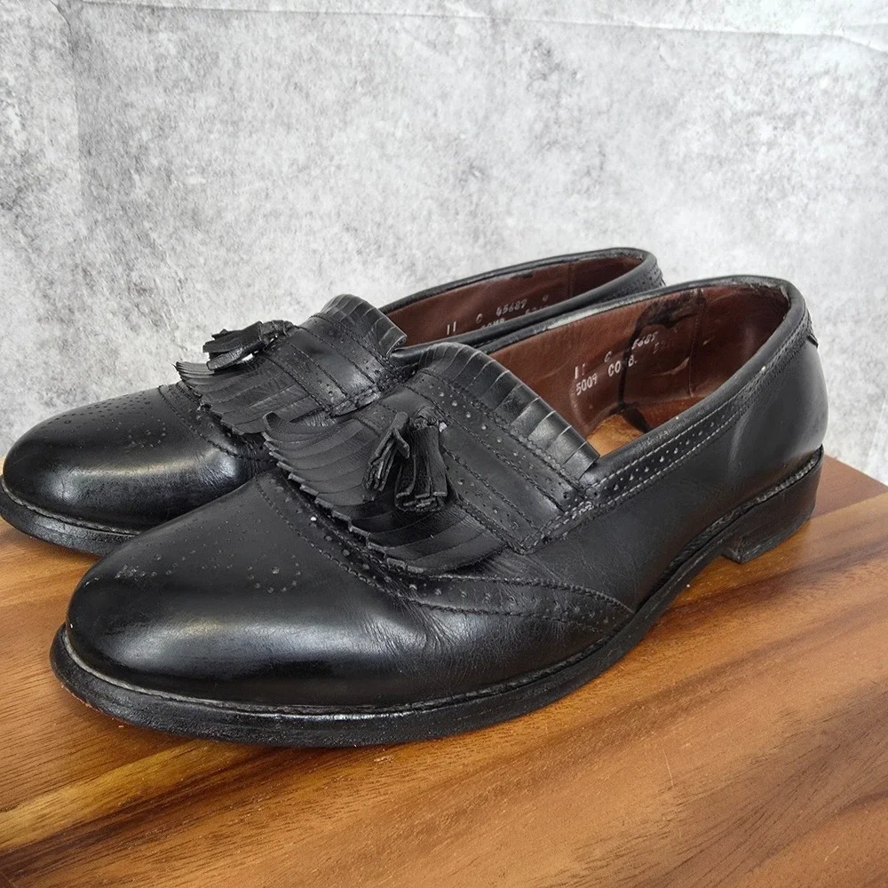 Allen Edmonds Bridgeton Loafers Mens 11 C Black Leather Brogue Kiltie Tassel USA